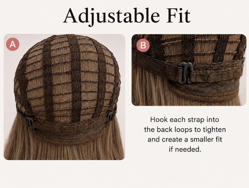 K&ouml;nnte beinhalten: Das Innere einer braunen Per&uuml;ckenkappe mit einem verstellbaren System aus elastischen B&auml;ndern und Haken. Der Text lautet Adjustable Fit und Hook each strap into the back loops to tighten and create a smaller fit if needed.