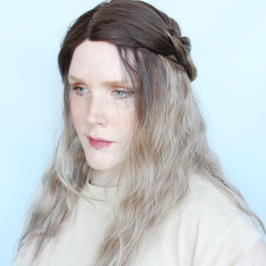 Long brown wig, 28&quot; wig, gradient wig, Heat friendly synthetic hair wavy wig, Brown T Part wig, wavy brown blonde ombre wig -- Mocha Whip