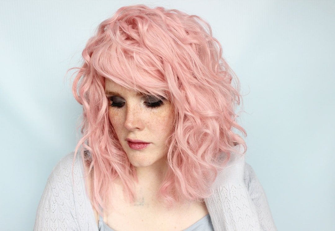 Wavy Pink Wig, Pastel Wig, Curly Pink Wig With Bangs  display picture 3