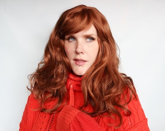 Reddish brown wig, wavy long reddish brown wig with bangs -- Cozy Caramel