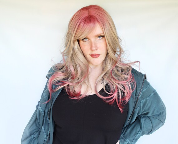 Ombrr Gray Pink Beauty Wig 34 inches Ombre Pink and grey Front Lace wigs human hair  main image 3