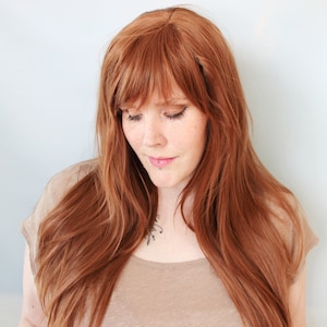 Long brown wig, long straight wig, strawberry blonde wig with bangs -- Bronzed Luxe