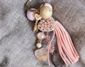 Charm keychain, pink keychain, girly keychain purse clip, crystal quartz keychain