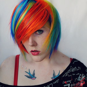 Rainbow wig, scene wig Gifts for Teens Blue Purple Pink Yellow Green Hair, cosplay wig / Short Straight // Rainbow Explosion image 3