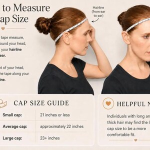 K&ouml;nnte beinhalten: Eine Anleitungsgrafik mit dem Titel How to Measure for Cap Size, die zwei Ansichten einer Person mit einem weichen Ma&szlig;band um den Kopf zeigt. Eine Cap Size Guide Tabelle listet Small als 21 Zoll oder weniger, Average als 22 Zoll und Large als 23+ Zoll auf.