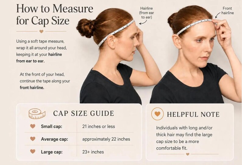 K&ouml;nnte beinhalten: Eine Anleitungsgrafik mit dem Titel How to Measure for Cap Size, die zwei Ansichten einer Person mit einem weichen Ma&szlig;band um den Kopf zeigt. Eine Cap Size Guide Tabelle listet Small als 21 Zoll oder weniger, Average als 22 Zoll und Large als 23+ Zoll auf.
