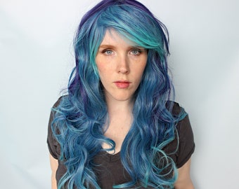 Mermaid wig, 26" wig, synthetic hair wig, heat styleable wig, cosplay wig, wavy blue wig, scene wig, wavy blue wig -- Ocean Dreams