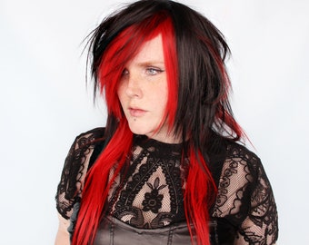 Black Red Straight Wig, Scene Emo wig, Black Scene Wig, Emo Hair Wig -- Venom