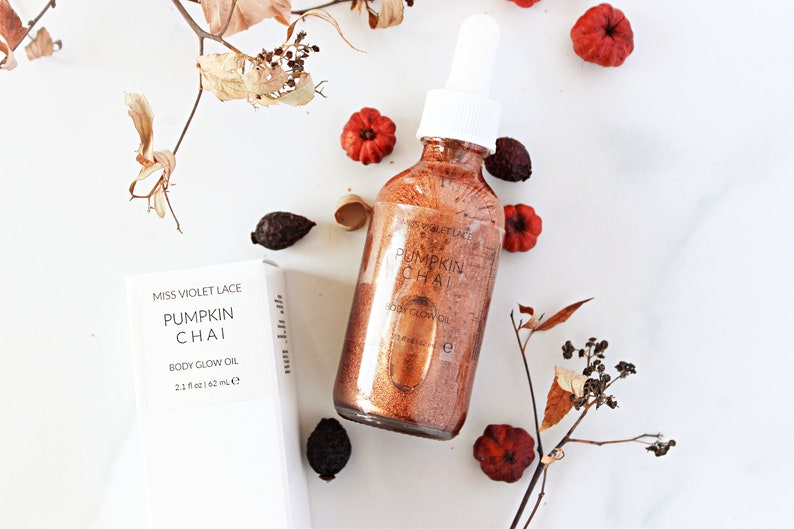 Pumpkin Spice Shimmer, Autumn body oil, fall chai body oil moisturizer, natural & vegan image 3