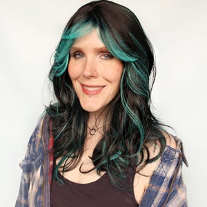 Wavy Black Wig · Teal Scene Emo Glueless Unit with Bangs