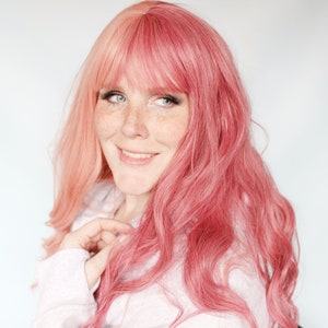 Wavy pink wig, long pink wig, pastel pink wig, pastel hair wig with bangs, two tone pink wig, split pink wig -- Bubblegum Baby