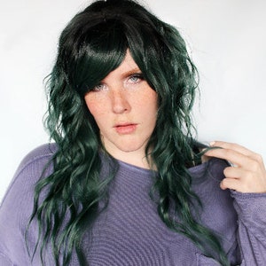 Long green wig, dark green wig, wavy green wig with bangs -- Evergreen Depths