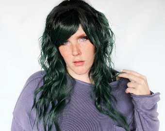 Long green wig, dark green wig, wavy green wig with bangs -- Evergreen Depths