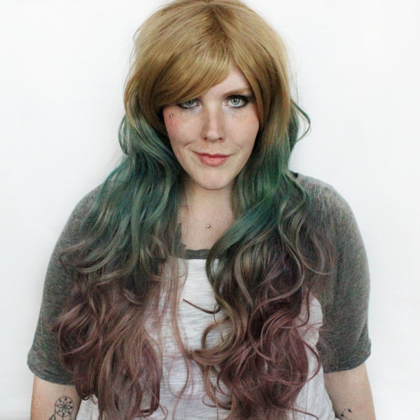 Pastel wig, Brown Blue Scene wig, Purple wig, Cosplay wig, Ombre wig - Hand Dyed wig - Indie Hipster wig - Mermaid // Tribal