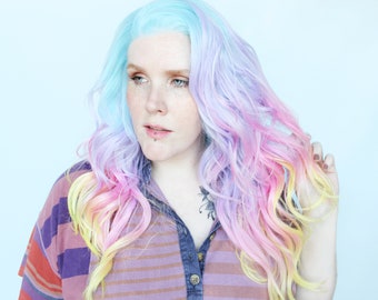 Rainbow Wig · Lace Front Wavy Pastel Lolita Hair Piece with no bangs in purple, blue, pink and yellow