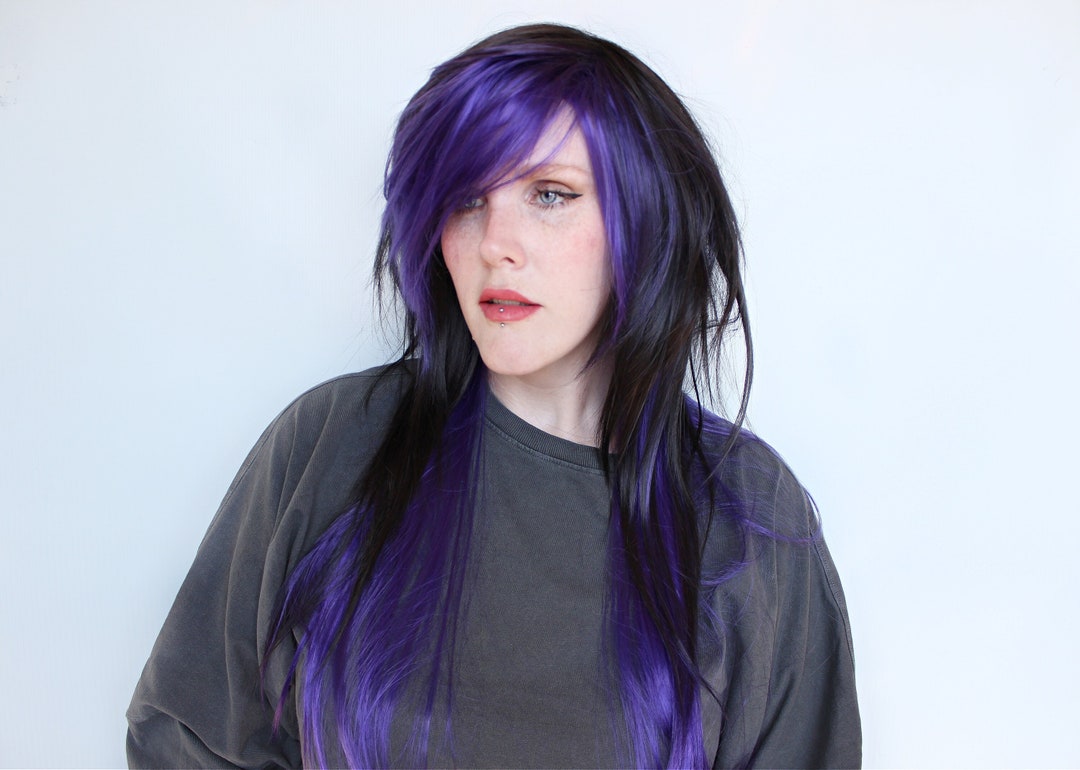 Black Purple Scene Wig · Straight Long Hair Piece for Punk, Emo