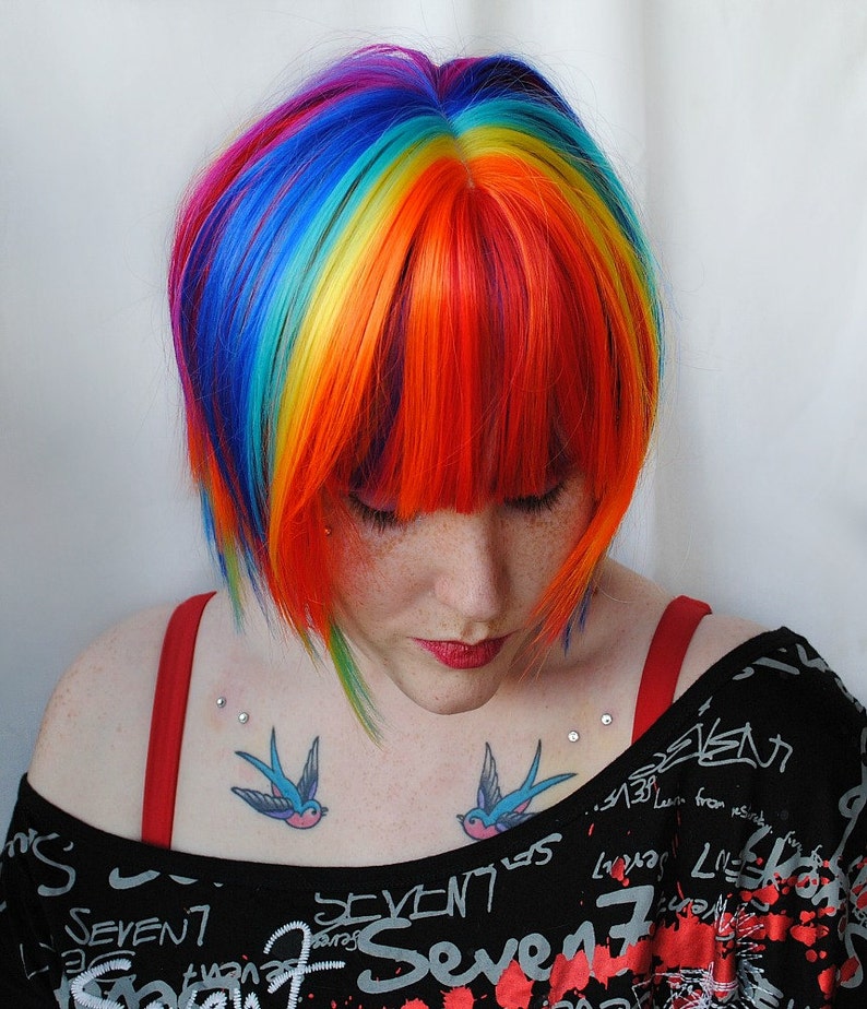 Rainbow wig, scene wig Gifts for Teens Blue Purple Pink Yellow Green Hair, cosplay wig / Short Straight // Rainbow Explosion image 4