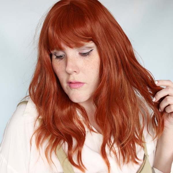 Red Human Hair Blend Wig · Long Wavy Auburn Synthetic Mix Glueless Unit with Bangs