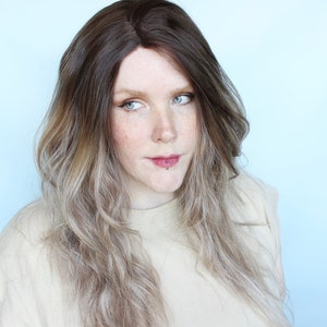 Long brown wig, 28&quot; wig, gradient wig, Heat friendly synthetic hair wavy wig, Brown T Part wig, wavy brown blonde ombre wig -- Mocha Whip