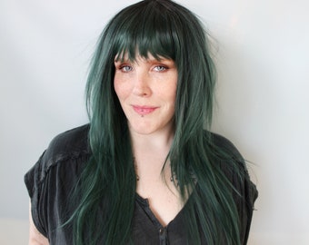 Straight green wig, long green wig with bangs -- Lakeside Flora