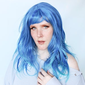 Long blue wig, wavy blue wig with bangs, ombre wig -- Dancing Starfish
