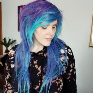 Scene Wig Long Blue Purple Emo Straight Unit with Bangs image 2