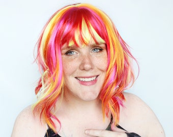 Short colorful wig, bob wig, rainbow wig, pink orange yellow wig with bangs, cosplay wig, scene wig -- Sunny Starfruit