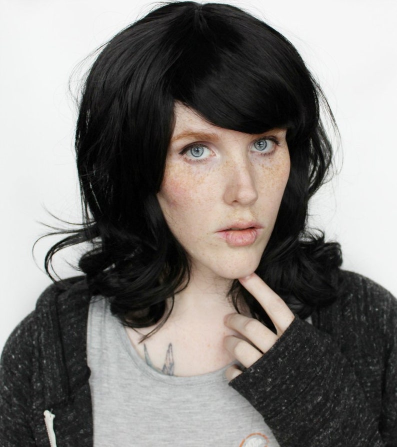 Short Black Wig Wavy Black Wig With Bangs Emo Wig Goth Wig Etsy