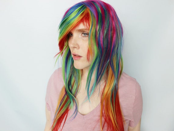Long hair rainbow wig deals