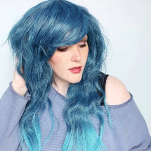 Long blue wig, wavy blue wig, blue scene emo wig, halloween wig, blue cosplay wig -- Neon Moon