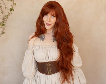 Long Red Wig · Extra Long 33" Wavy Auburn Glueless Unit with Bangs · Celtic Flame