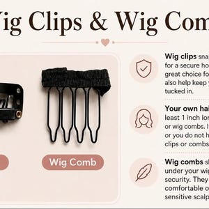 K&ouml;nnte beinhalten: Eine schwarze Per&uuml;ckenklammer aus Metall und ein schwarzer Per&uuml;ckenkamm aus Metall mit Stoffr&uuml;cken. Das Bild enth&auml;lt den Text Wig Clips & Wig Combs, Wig Clip und Wig Comb sowie Anweisungen zur Verwendung dieser Haaraccessoires.