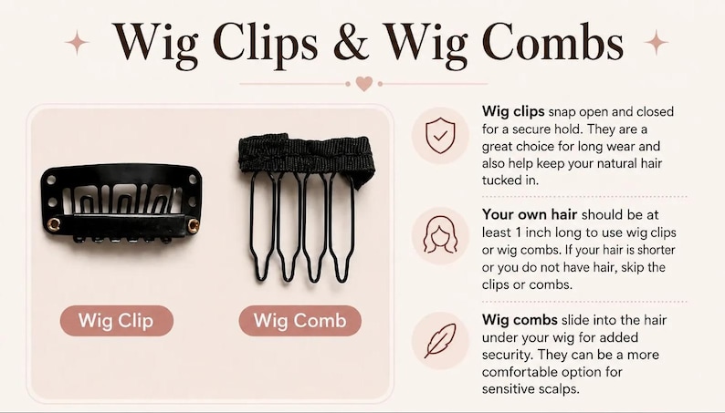 K&ouml;nnte beinhalten: Eine schwarze Per&uuml;ckenklammer aus Metall und ein schwarzer Per&uuml;ckenkamm aus Metall mit Stoffr&uuml;cken. Das Bild enth&auml;lt den Text Wig Clips & Wig Combs, Wig Clip und Wig Comb sowie Anweisungen zur Verwendung dieser Haaraccessoires.