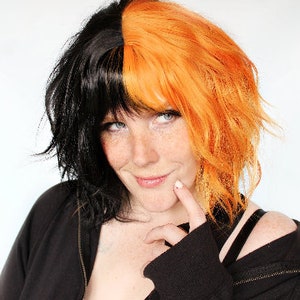 Black Orange wig, Halloween wig, Split Color wig, short black wig, short orange wig, wavy black orange wig -- Trixie