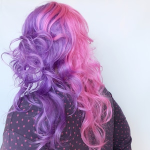 Split color purple pink wig, curly wig, pastel wig, two tone wig, heat friendly synthetic hair wig, lolita kawaii wig -- Sugar Petals