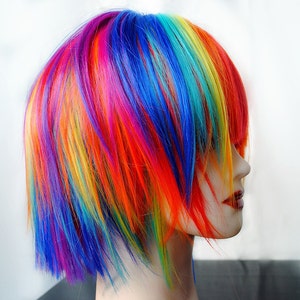 Rainbow wig, scene wig Gifts for Teens Blue Purple Pink Yellow Green Hair, cosplay wig / Short Straight // Rainbow Explosion image 1