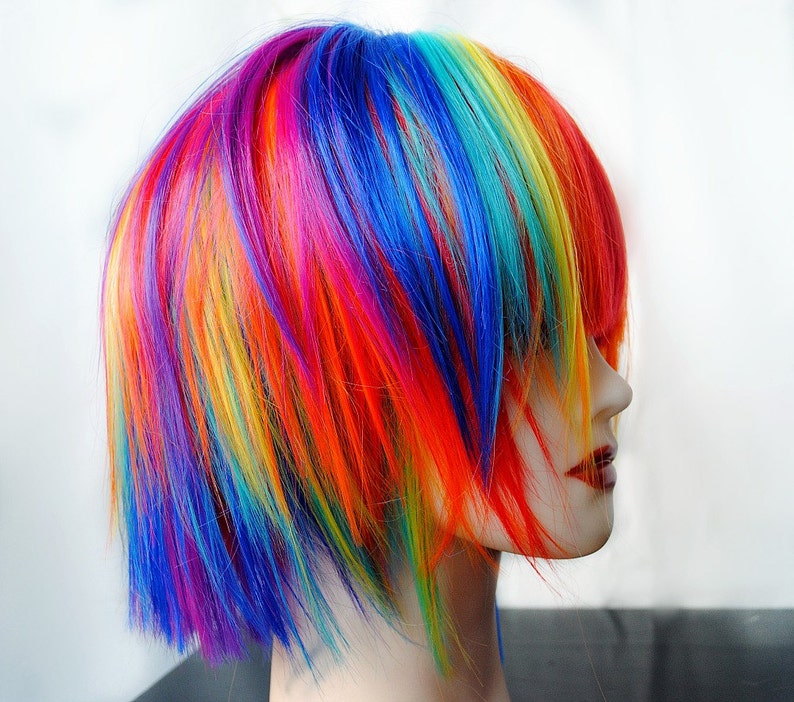 Rainbow wig, scene wig Gifts for Teens Blue Purple Pink Yellow Green Hair, cosplay wig / Short Straight // Rainbow Explosion image 1
