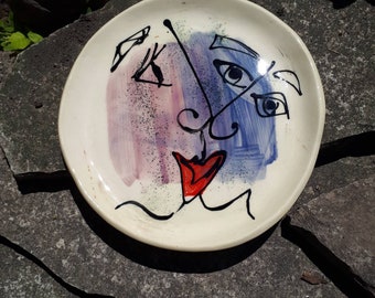 Hand Painted Ceramic Breakfast Plate Colorful Graphic Face Pottery