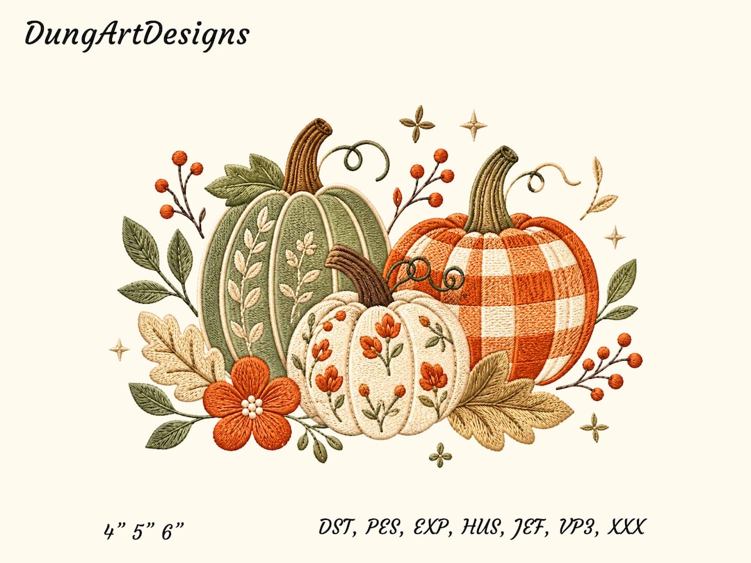 Fall Pumpkin Trio Embroidery Design, Gingham Pumpkin Machine Embroidery File, Autumn Harve