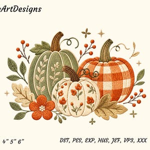 Fall Pumpkin Trio Embroidery Design, Gingham Pumpkin Machine Embroidery File, Autumn Harvest Digital Pattern