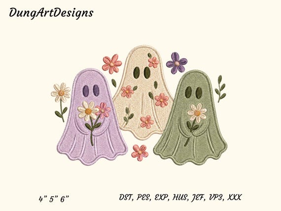 Floral Ghost Embroidery Design, Pastel Ghost Trio Machine Embroidery File, Cute Flower Ghost Digital Pattern