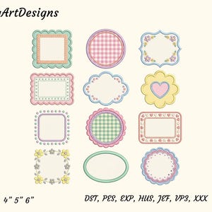 May include: A collection of twelve decorative embroidery frame designs in various shapes including squares, circles, and scalloped edges. The frames feature pastel colours, gingham patterns, and floral accents. Text includes DungArtDesigns and 4" 5" 6" DST, PES, EXP, HUS, JEF, VP3, XXX.