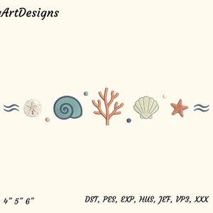Seashell Border Machine Embroidery Design, Coastal Coral Starfish Ocean Embroidery File