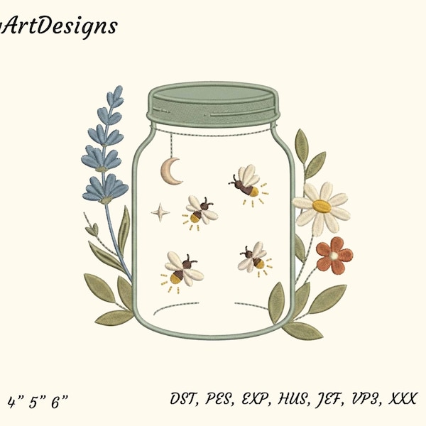 Firefly Jar Machine Embroidery Design, Floral Mason Jar with Lightning Bugs Embroidery File