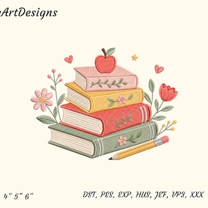 May include: An embroidery design featuring a stack of four books in pink, yellow, red, and green, topped with a red apple. The stack is surrounded by pink and red flowers, small hearts, and a yellow star, with a yellow pencil resting at the base.
