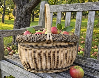 May include: A woven wicker basket with a single arched handle filled with red and green apples. The basket features a braided rim and a dark brown accent band. It sits on a weathered wooden bench in an orchard setting with scattered apples.