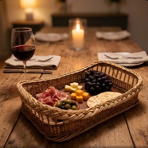 May include: A rectangular woven wicker basket with a braided rim containing a wooden board with prosciutto, cubed yellow cheese, green olives in a small bowl, dark grapes, and round crackers, positioned next to a glass of red wine.