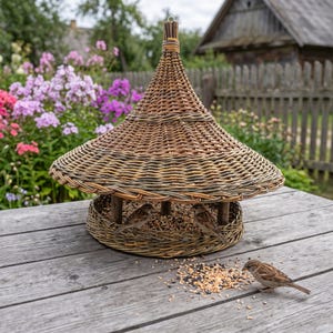 Extra Large Wicker Bird Feeder | Premium Handwoven Willow Pagoda Roof Hanging Platform, Garden Showpiece