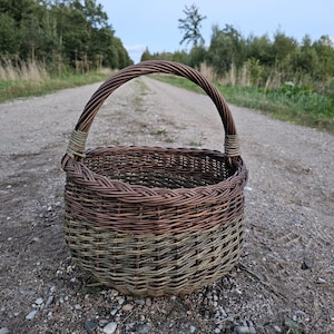 Könnte beinhalten: Ein runder, handgeflochtener Korb aus natürlichen Weidenzweigen. Der Korb hat ein zweifarbiges Design mit einem dunkelbraunen oberen Bereich und einem helleren, gedeckten grünen unteren Bereich. Er verfügt über einen einzelnen, gebogenen Henkel.