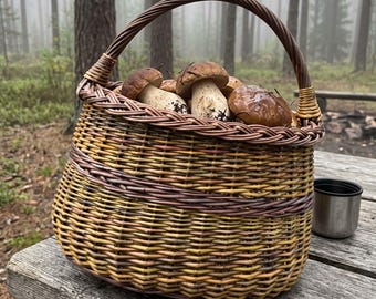 Tall Foraging Basket with Reinforced Handle | Handwoven Wicker Willow for Mushrooms, Berries & Garden Harvest